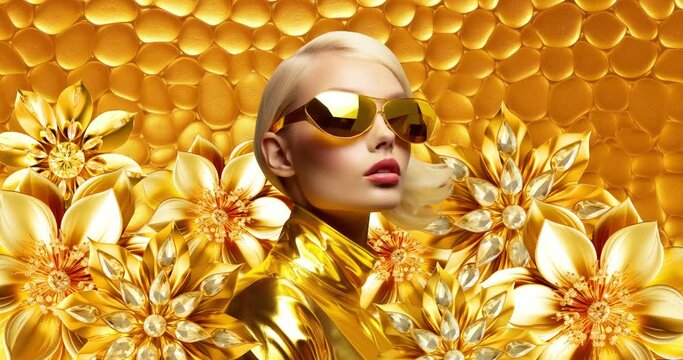 fashion luxury model in golden flower space. animation collage art