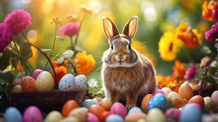 Fototapeta na wymiar easter bunny with colorful easter eggs in flowers garden, bright