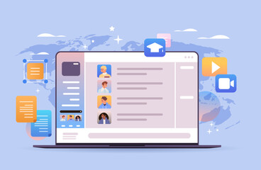 mix race students group discussing during online video call on laptop screen virtual conference education day live webinar e-learning