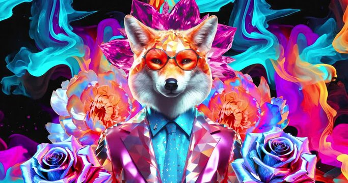 Anthropomorphic stylish fox in holographic floral space. Fashion animation collage