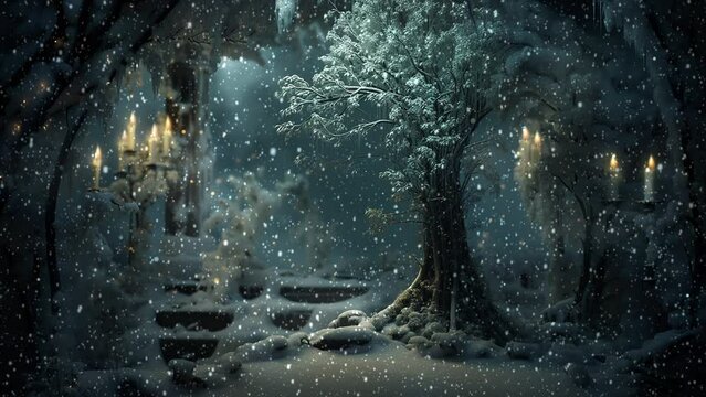 Mystical forest with burning candles and falling snow