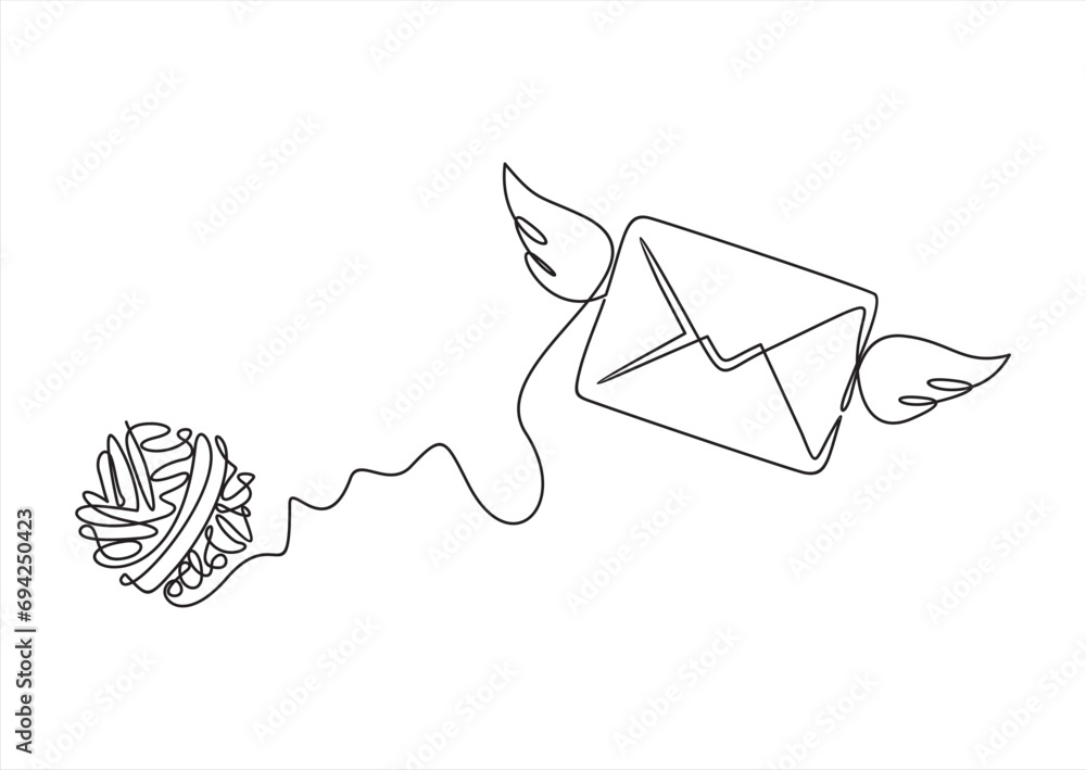 Poster flying envelope in continuous line art drawing style. letter with wings minimalist black linear desi