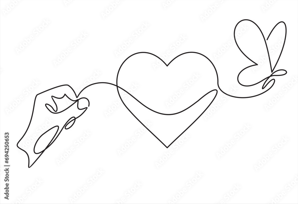 Aufkleber vector abstract continuous one single simple line drawing icon of hand holding symbol heart in silho