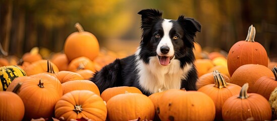 Autumn-themed Border Collie dog among pumpkins in the woods during holidays.
