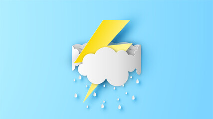 lightning in the clouds. Monsoon with thunder and raining clouds. Rainy season with cloudy, lightning and raindrops.  paper cut and craft style. vector, illustration. - obrazy, fototapety, plakaty