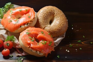 Gourmet Bagel Delight - Two Bagels with Smoked Salmon and Capsicum on Wooden Background