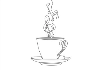 Continuous one line drawing of Cup of coffee with musical notes.
