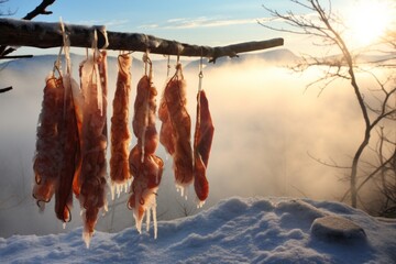  bacon hanging outside on the winter weather, fog