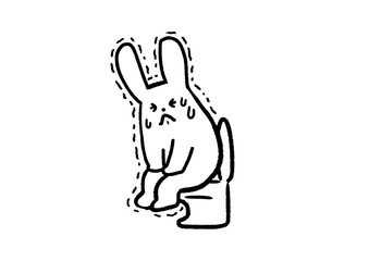 トイレで便秘に苦しむうさぎの白黒イラスト