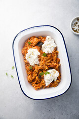 Pasta with tomato sauce, eggplant and cheese