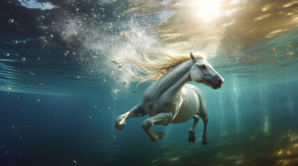 Naklejka na ściany i meble White horse jump into a water. Underwater photography. Animal dive into the Depths. Beauty of wild nature. Hunting.