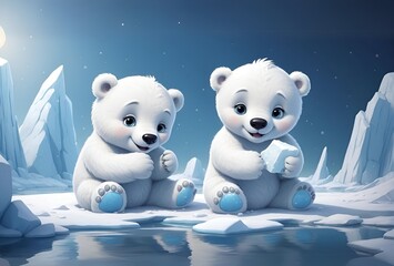 Cute Polar bears playing with ice, Polar bear, Beautiful cute animals, AI generated images, High resolution image