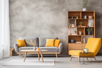 Grey sofa and yellow chairs are in the living room, in the style of minimalist backgrounds, light gray and amber, wood, minimalist purity, nostalgic atmosphere, vibrant watercolors, post-minimalist