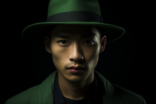 a young asian man with a wear a green hat on black background