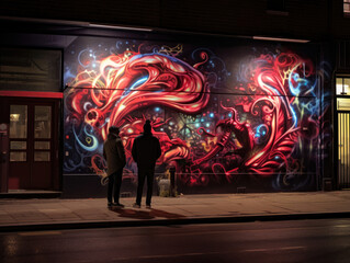 People looking at graffiti 