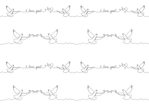 Black and white seamless pattern with pigeons with a heart in their mouth, love, continuous one line art hand drawing sketch