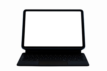 computer tablet with white blank screen isolated on white background. Modern tablet computer with removable and reattachable keyboard.