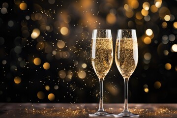 Champagne in the nigh with lights bokeh, glitter and sparks on the background