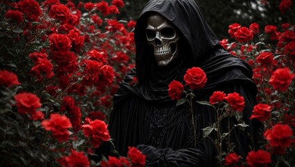 The grim reaper in a field of red flowers