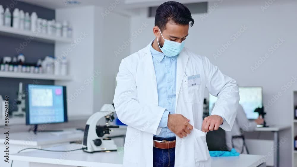 Poster Phd scientist wearing face mask and goggles for safety in a research lab with handheld camera movement. Portrait of a medical pathologist looking confident about experiments to find a cure for covid