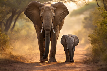 Mom and baby African elephant walking together