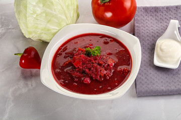 Borsch soup with cabbage and beetroot