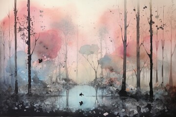 pastel watercolor forest ink acrylic painting on an old paper