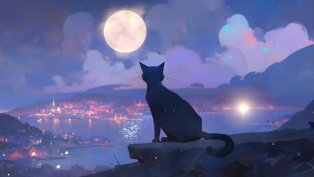 cat looking at the beautiful city view across the lake on anime style. 4k resolution loop nightscape animation