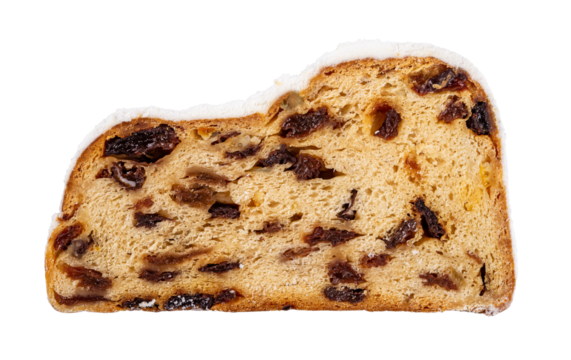 Slice of sweet stollen isolated on a white background. Cutout of traditional German Holiday bread of nuts, spices, and dried fruits. Close-up of Christstollen slice coated with powdered sugar.