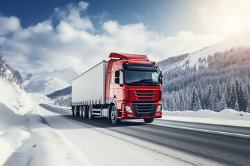 Cargo transportation truck driving on snow road in winter season. Logistic Trailer vehicle delivery products. - obrazy, fototapety, plakaty