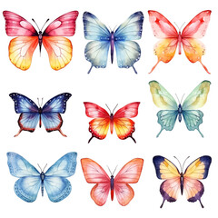 Watercolor colorful butterflies, blue, yellow, pink and red butterfly spring