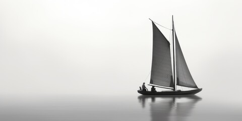 A sailboat on a foggy day at sea. - obrazy, fototapety, plakaty