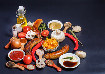 Fototapeta na wymiar Fried barbecue sausages with vegetables and different spices, fried sausages, junk fried food