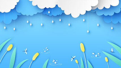 Illustration of rainy season with plants, grass, dragonfly and rain drop hanging down. Nature in rainy season. Rainy Season. paper cut and craft style. vector, illustration.