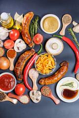 Fried barbecue sausages with vegetables and different spices, fried sausages, junk fried food