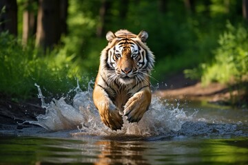 Fototapeta na wymiar Amur tiger playing in the water, Siberia. Dangerous animal, tajga, Russia. Animal in green forest stream. Siberian tiger splashing water