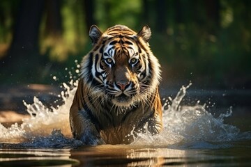 Fototapeta na wymiar Amur tiger playing in the water, Siberia. Dangerous animal, tajga, Russia. Animal in green forest stream. Siberian tiger splashing water
