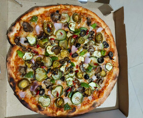 Closeup of topping of pizza, vegetarian pizza photography, food background