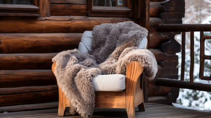 Chair with fur cover on a porch deck of a log cabin with snow