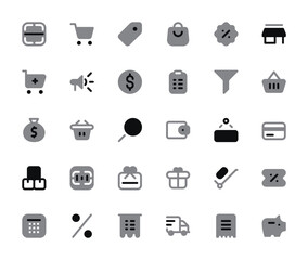 Shopping Icons Set - Duotone Style, Filled Vector Graphics for E-Commerce