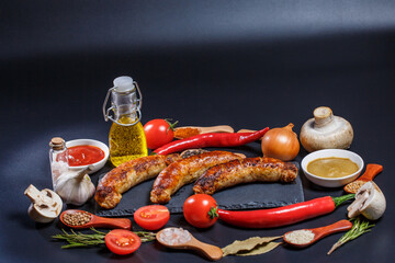 Fried barbecue sausages with vegetables and different spices, fried sausages, junk fried food
