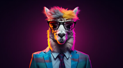 A cool alpaca in a business suit in neon colors - obrazy, fototapety, plakaty