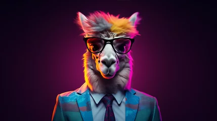 Foto auf Alu-Dibond A cool alpaca in a business suit in neon colors © Andreas