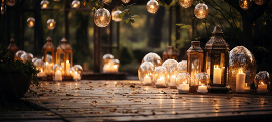 Elements of the wedding decor of the night ceremony. outdoor string lights. Wedding ceremony evening with candles and lamps - obrazy, fototapety, plakaty