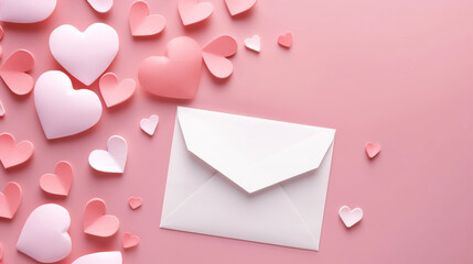 copy space, love letter envelope with paper craft hearts - flat lay on pink valentines or anniversary backgroun. Beautiful valentine background with some red hearts. Romantic background or wallpaper f