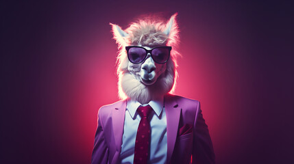 A cool alpaca in a business suit in neon colors