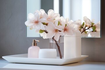display setup of flowers and soap bottles on bathroom or toilet mirror shelf for cosmetics and face wash natural spa products commercial or decoration