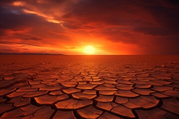 dramatic sunset over cracked earth. Desert landscape background