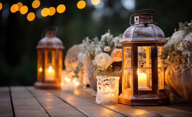 Fototapeta na wymiar Elements of the wedding decor of the night ceremony. outdoor string lights. Wedding ceremony evening with candles and lamps