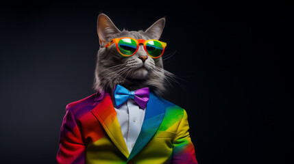 A cool cat in a business suit in rainbow colors
